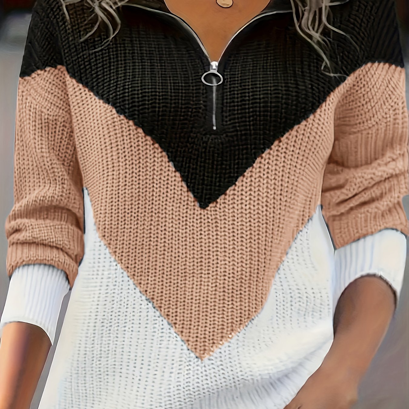 Women's Plus Size Acrylic Patchwork V-Neck Sweater Top