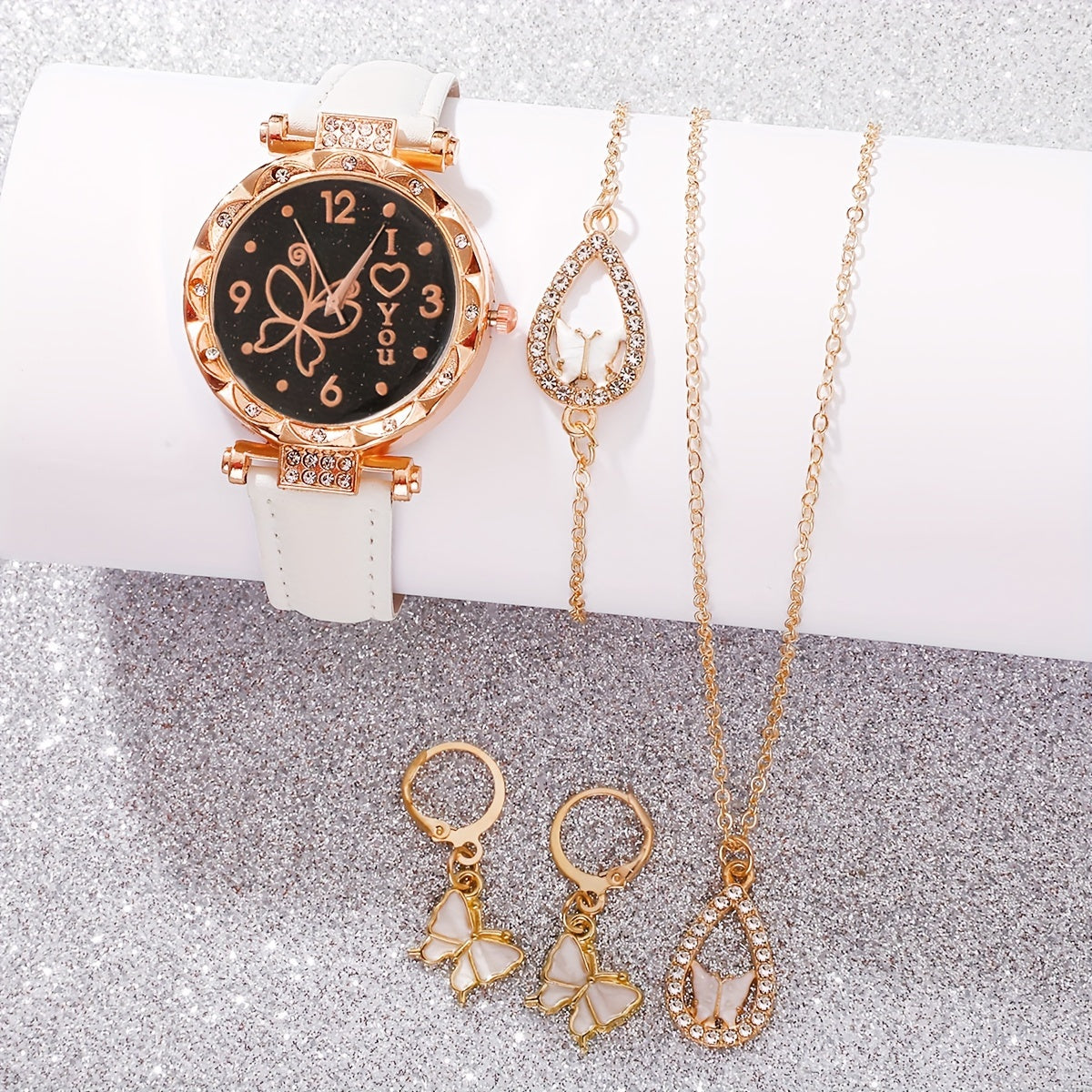 Набор из 5 женских кварцевых часов с дизайном из страз и бабочками