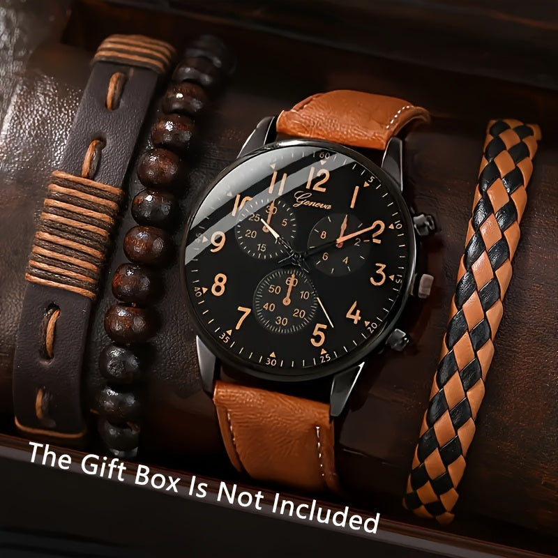 Men's Brown Faux Leather Quartz Watch and Bracelet Set with Date Display Not Waterproof Gift for Valentine's Day Easter Ramadan Eid Al-Adha