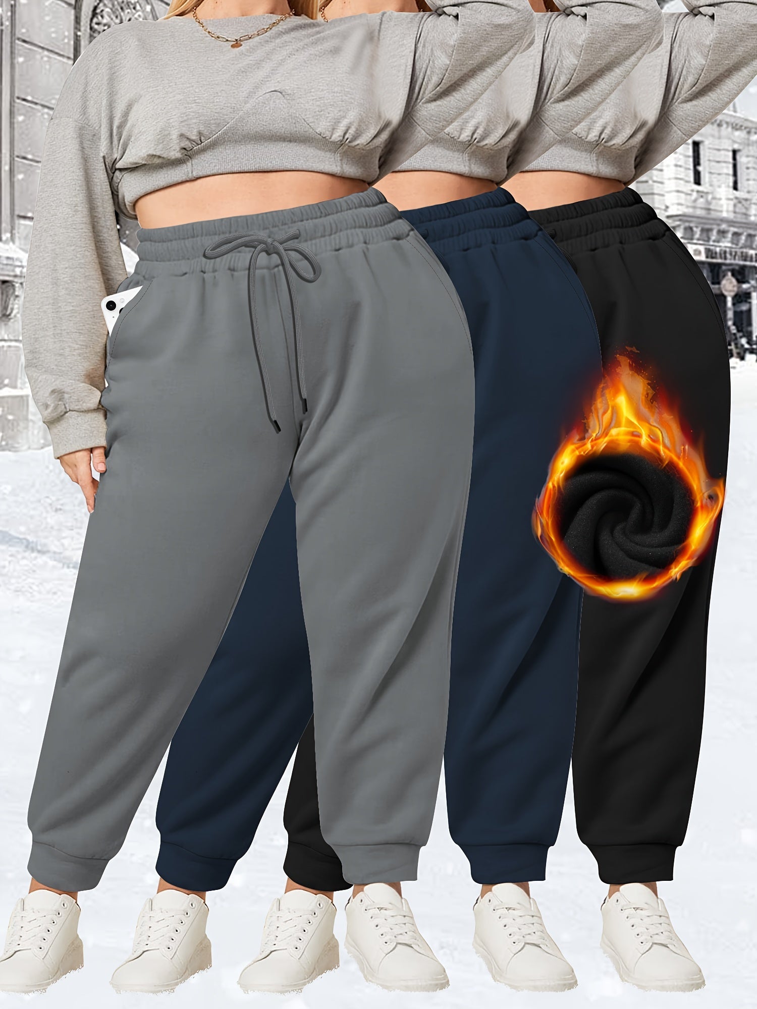 Plus Size Jogger Pants 3 Pack High Stretch Drawstring Waist Solid Cold Weather