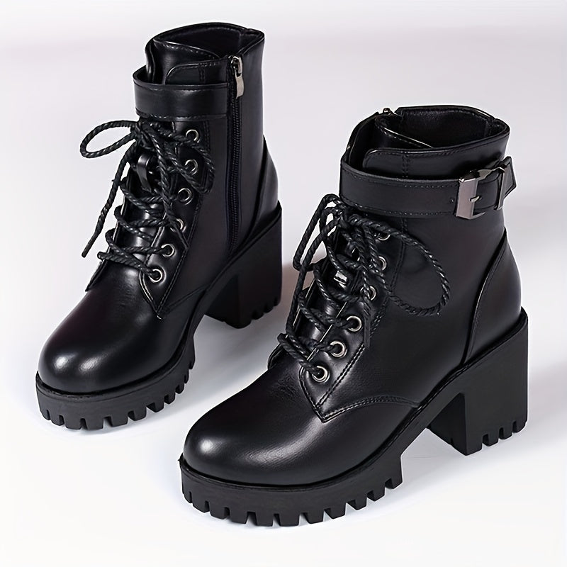 Women's Leather Chunky Heel Ankle Boots With Belt Buckle and Zipper
