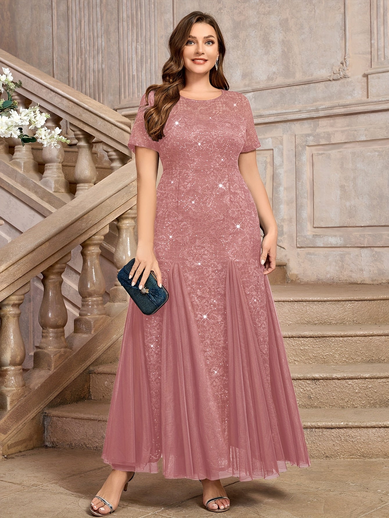 Plus Size Women's Navy Blue Sequin Lace Mermaid Maxi Dress for Formal Events