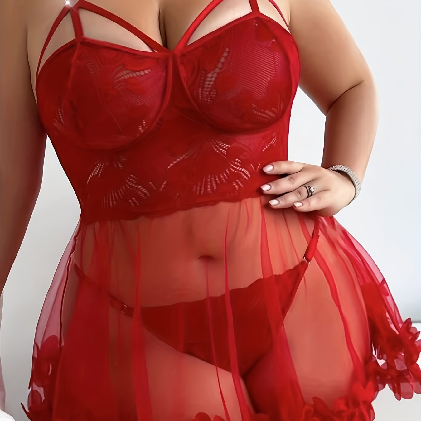 Plus Size Sexy Lingerie Dress Sheer Lace Mesh Strappy Babydoll