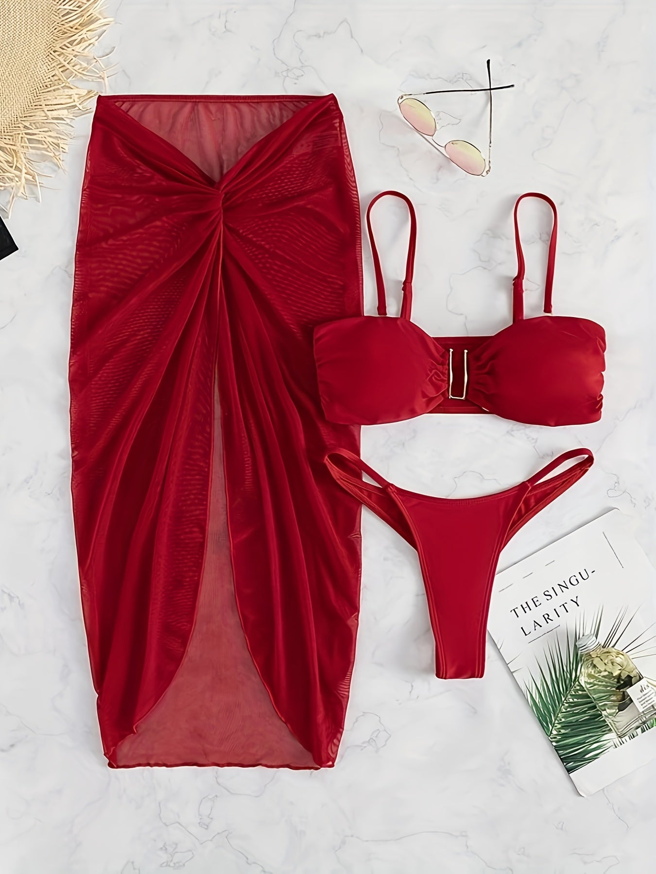 Women's Solid Color Bikini Set with U-Wire High Cut and Cover Up Skirt