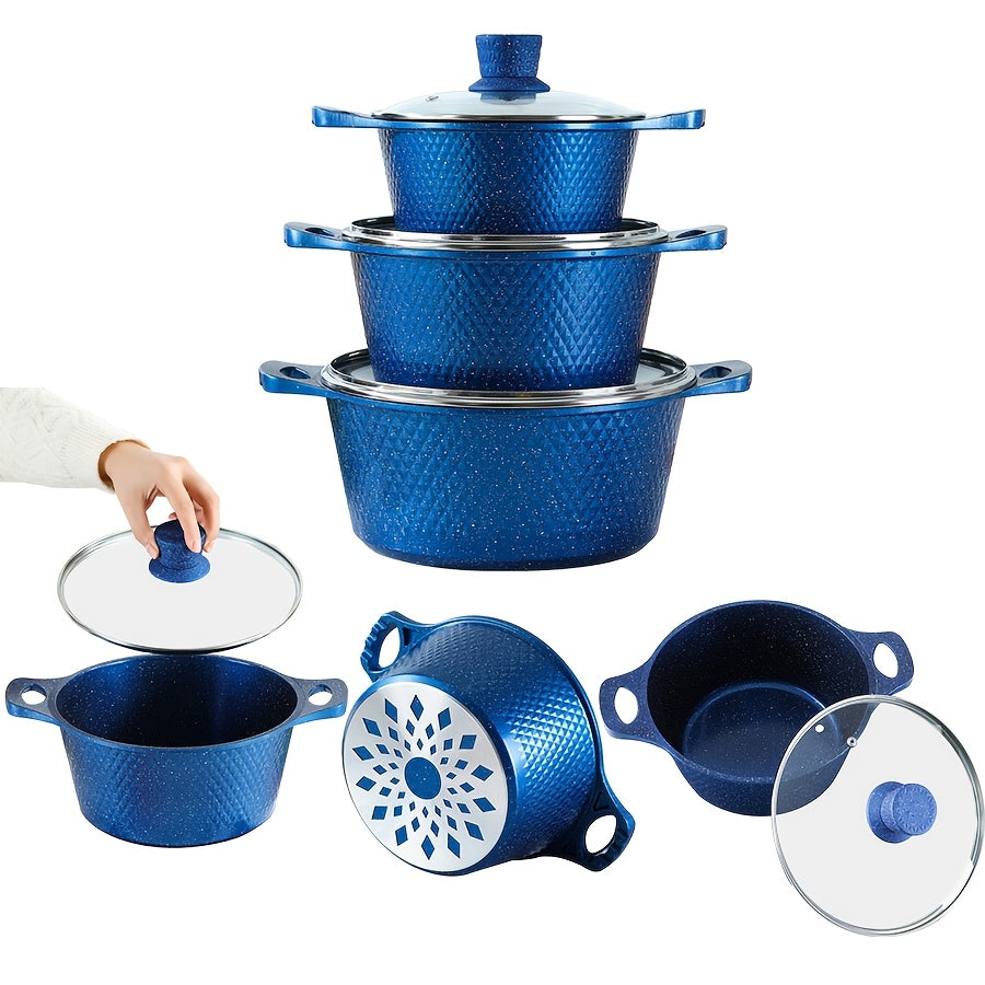 Ko'mirli plita uchun yopishmaydigan qoplamali ko'k alyuminiy idishlar to'plami, qozonlar va panellar