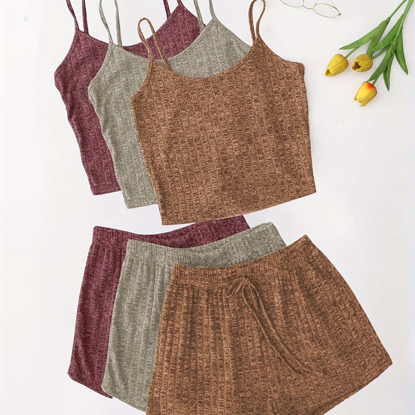 Women's 3-Piece Pajama Set Solid Cami Top Lace-Up Shorts Sleepwear Lounge Wear