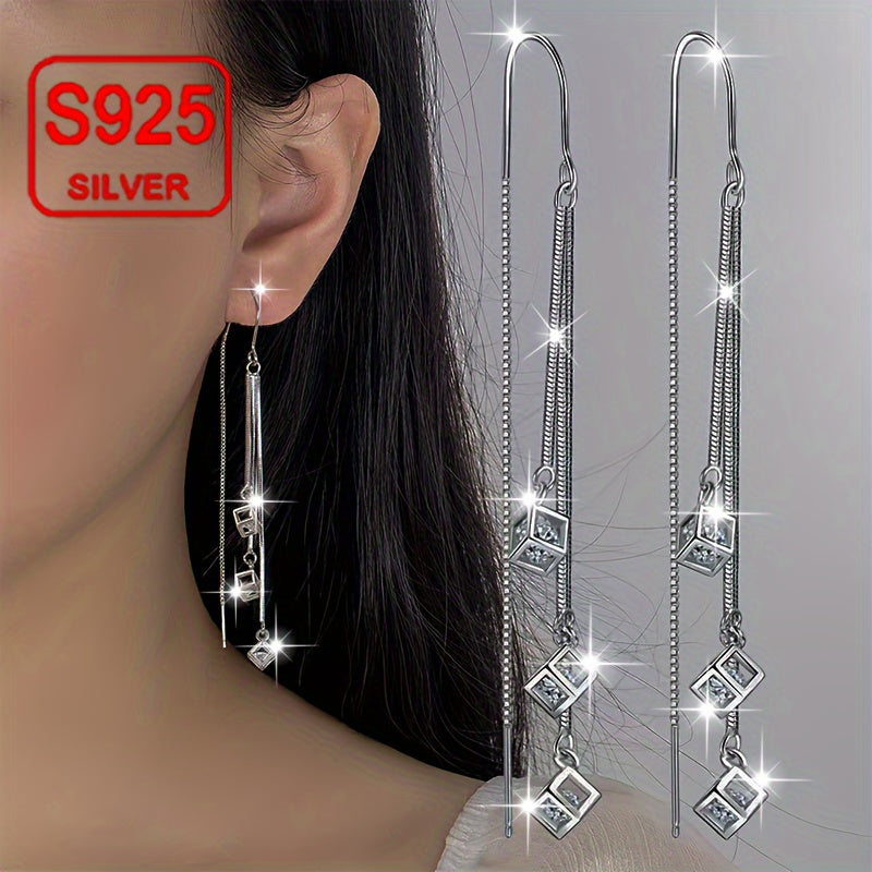 Women's Silver Drape Earrings with Tassel and Curved Hook for Weddings and Daily Wear