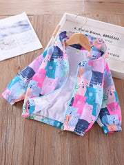 Girls' Lightweight Windbreaker Jacket with Colorful Cat Print for Spring and Fall