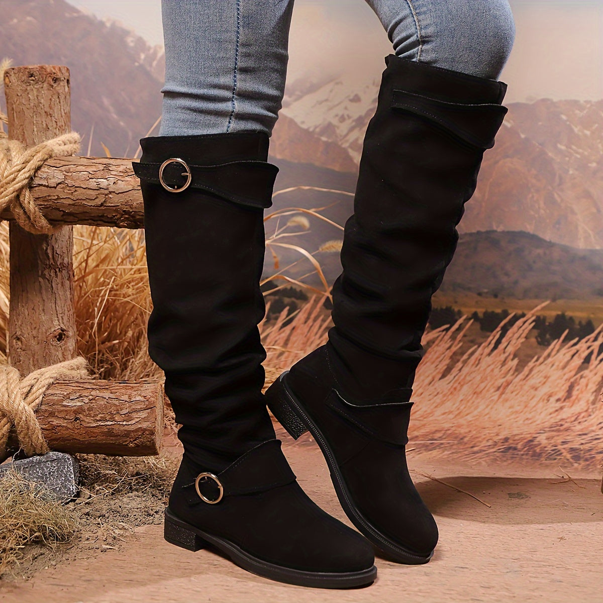 Women's Leather Button Pleated High Top Knee Boots