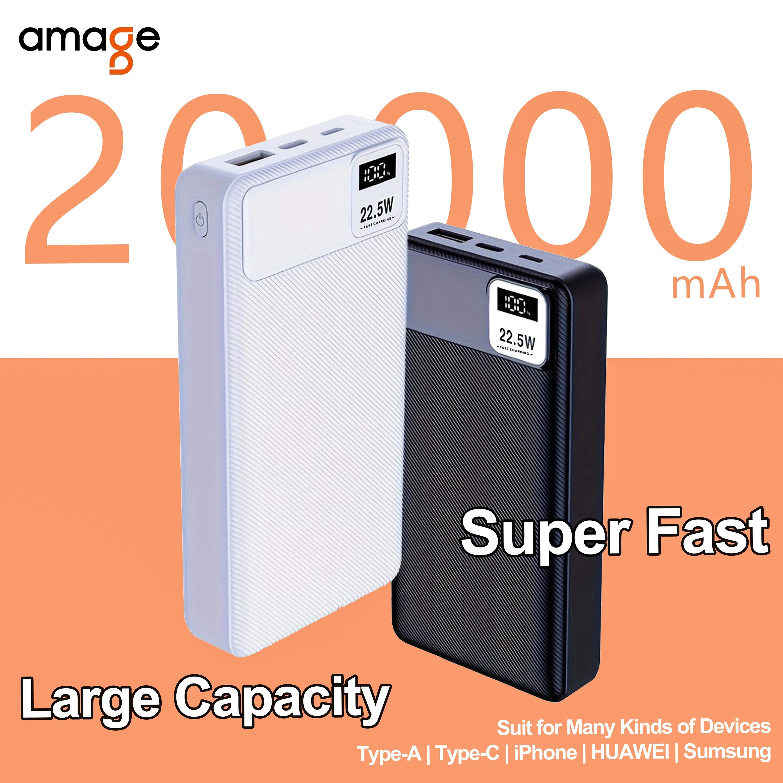 20000mAh Power Bank 22.5W Portable Battery Charger with USB Dual Use