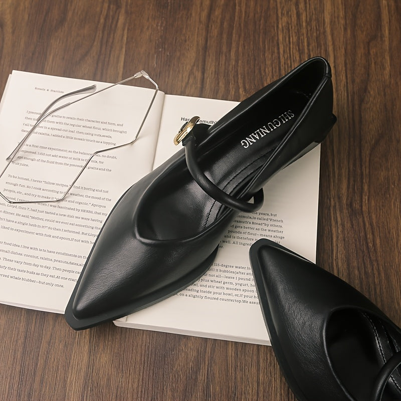 Women’s Faux Leather Mary Jane Pumps with Pointed Toe Mid-Heel