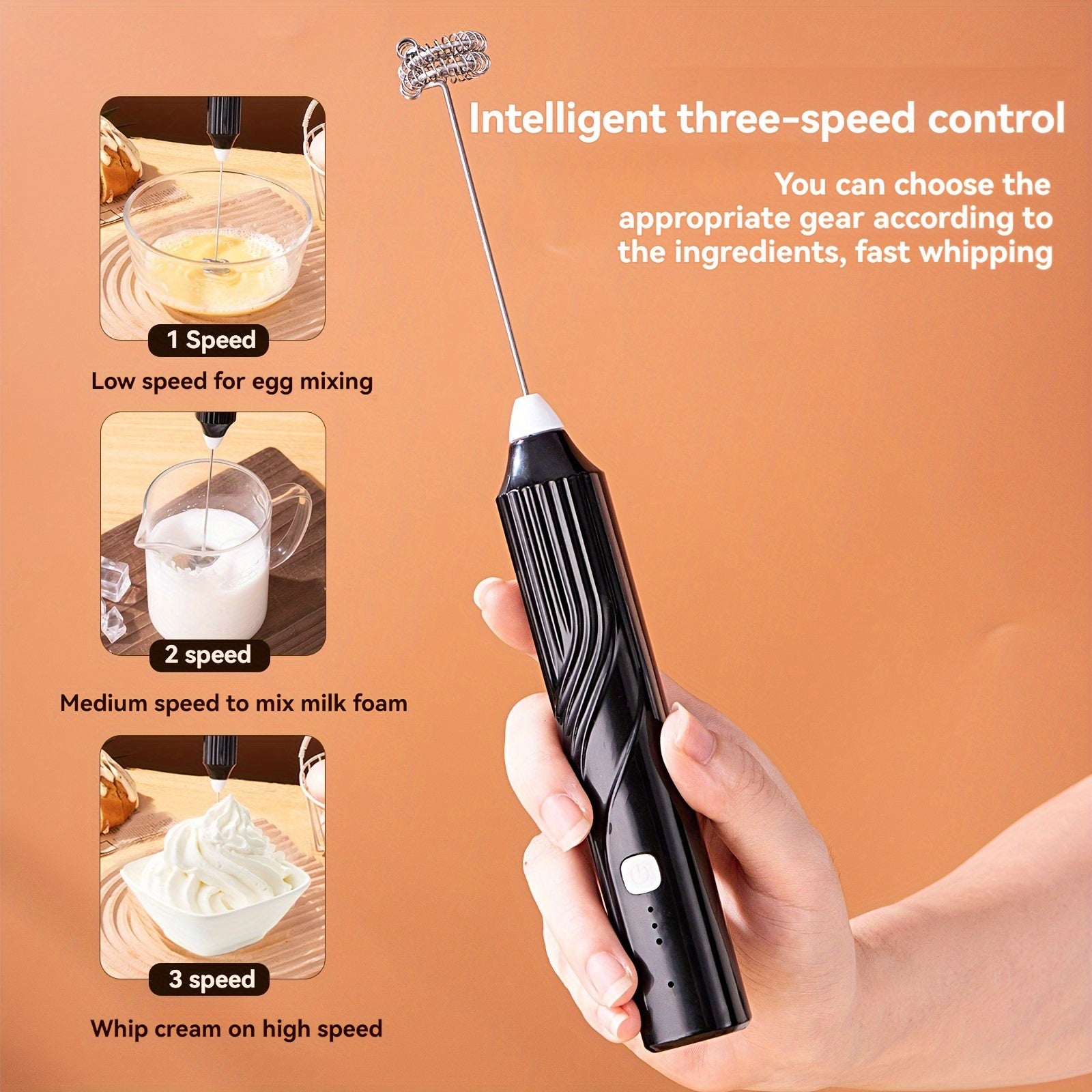 Electric Milk Frother Handheld Blender Stainless Steel 3-Speed for Coffee Cappuccino Foam