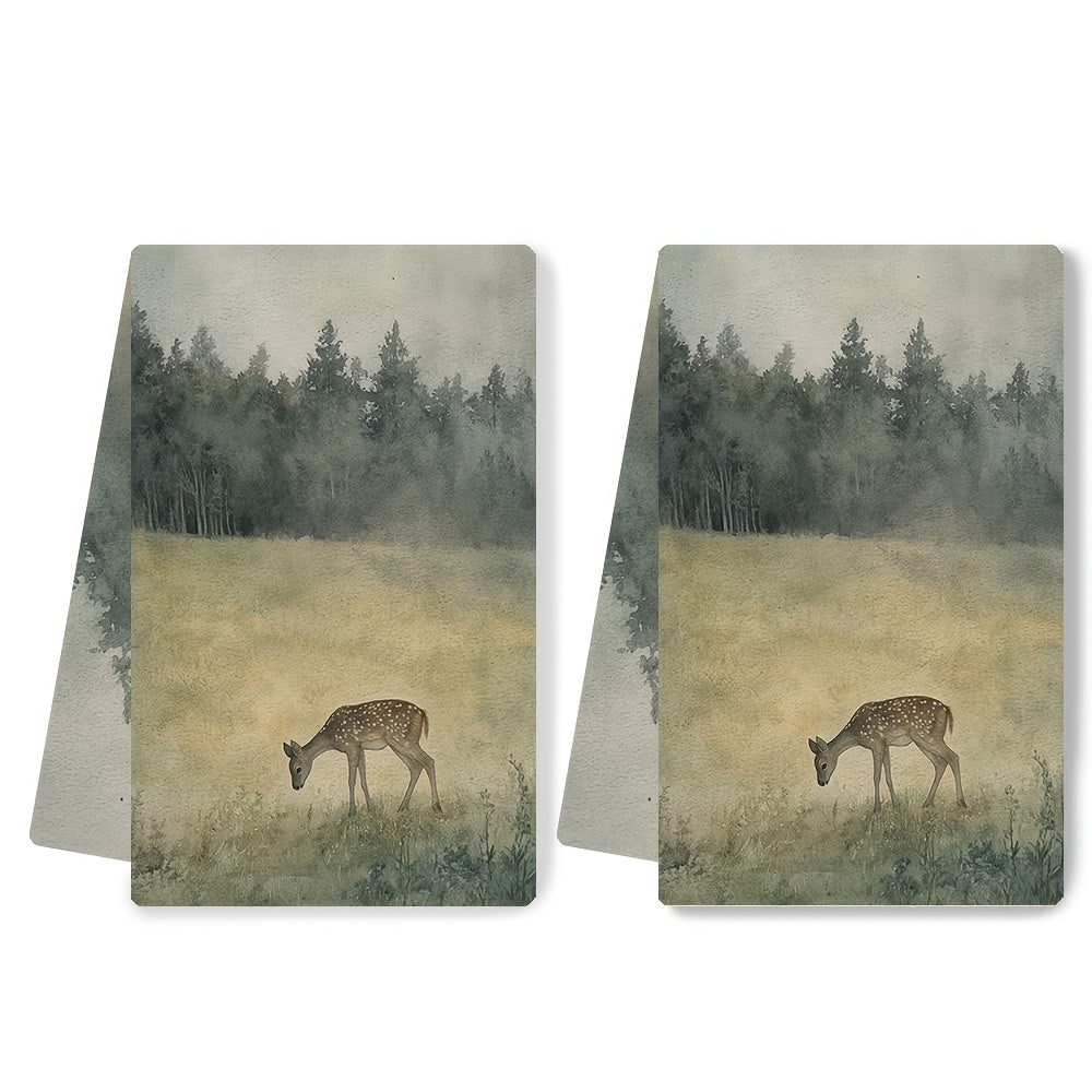 Ikki ultra yumshoq oshxona sochiqini tinch yaylov va kiyik dizayni bilan oling. Ushbu juda singdiruvchi polyester idish qo'l sochiqlari mashinada yuvilishi mumkin va o'lchamlari 40.64x60.96 sm. Ular bayram bezaklari uchun juda mos keladi.