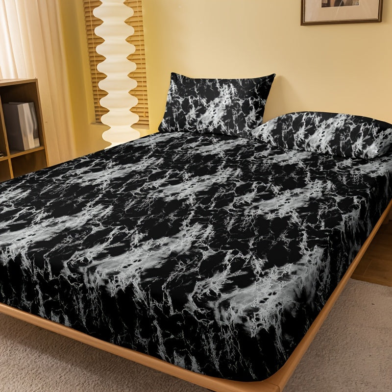 Marble Print Fitted Sheet Deep Pocket Soft Bed Sheet for Bedroom and Guest Room