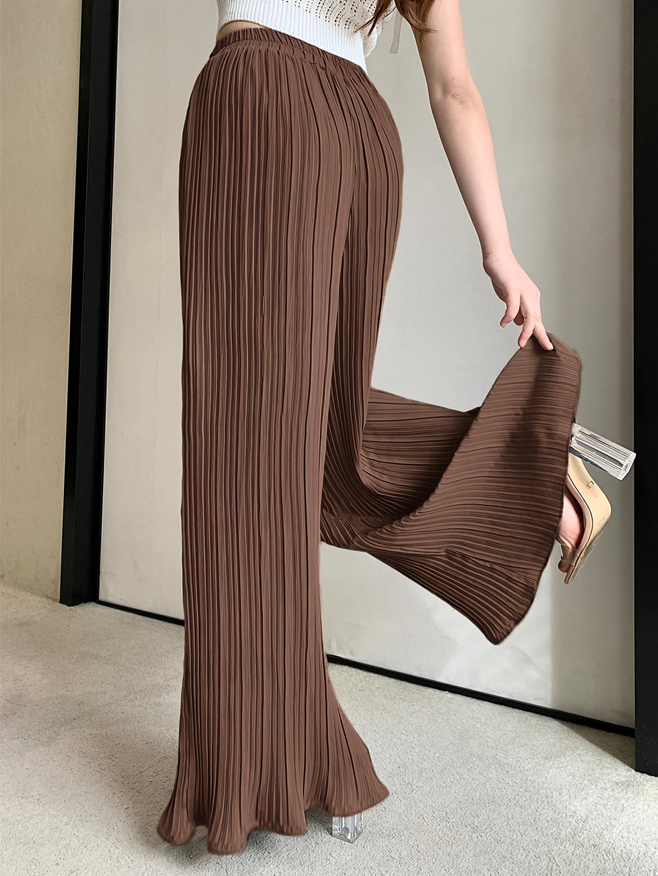 Women's Plus Size Wide-Leg High-Waisted Pants Elastic Waist Pleated