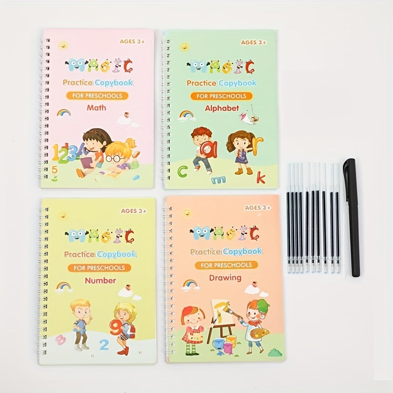 English Handwriting Practice Workbooks for Kids with Grooved Pages and Stickers, Educational Notebook Set