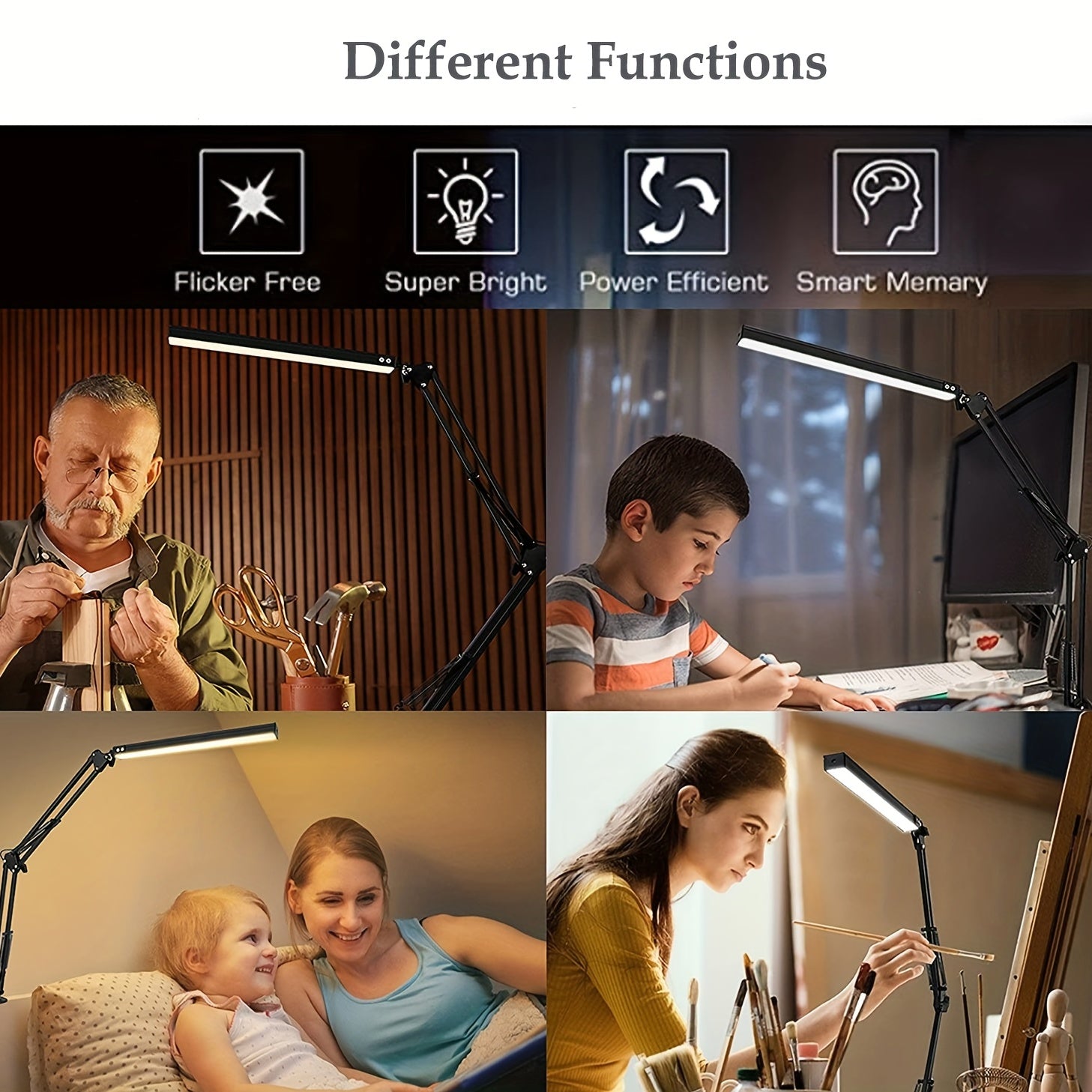 LED Desk Lamp with 3 Lighting Modes Clamp Metal Swing Arm 10 Brightness Levels