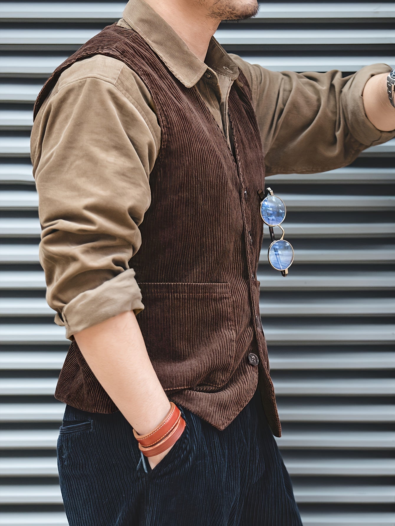 Men's Plus Size Vintage Corduroy Vest with Striped Design V-Neck Button Skinny Fit for Spring Fall