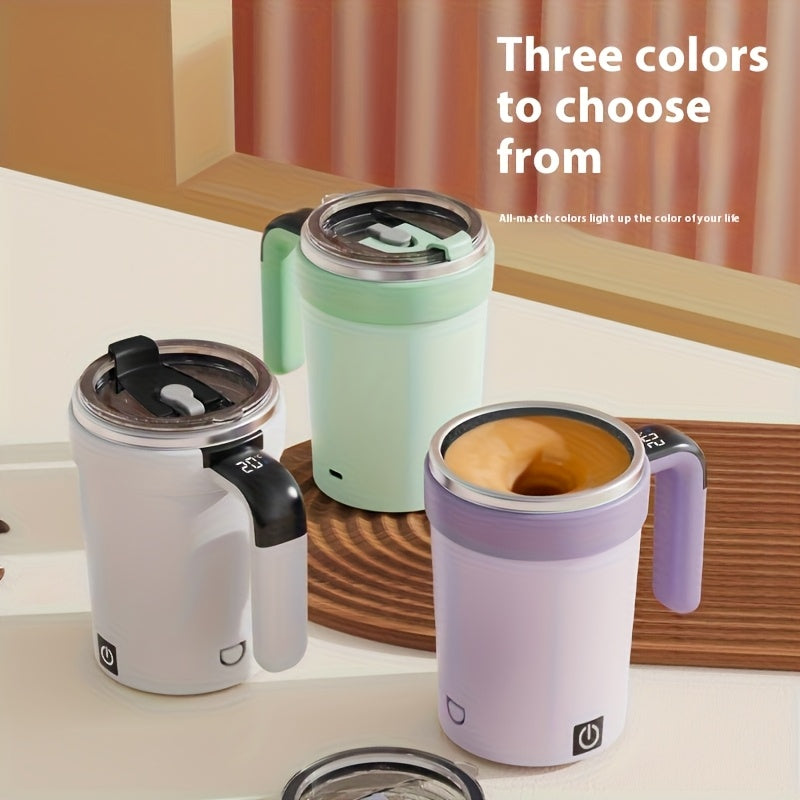 Self-Stirring Travel Mug with Temperature Display and Straw Creamy White