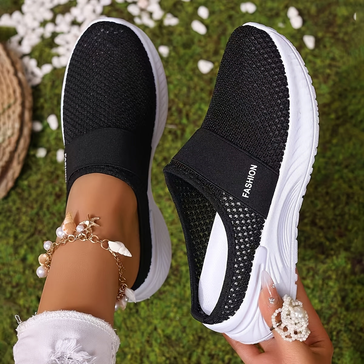 Women's White Slip-On Casual Sneakers Breathable Mesh Lightweight Comfort