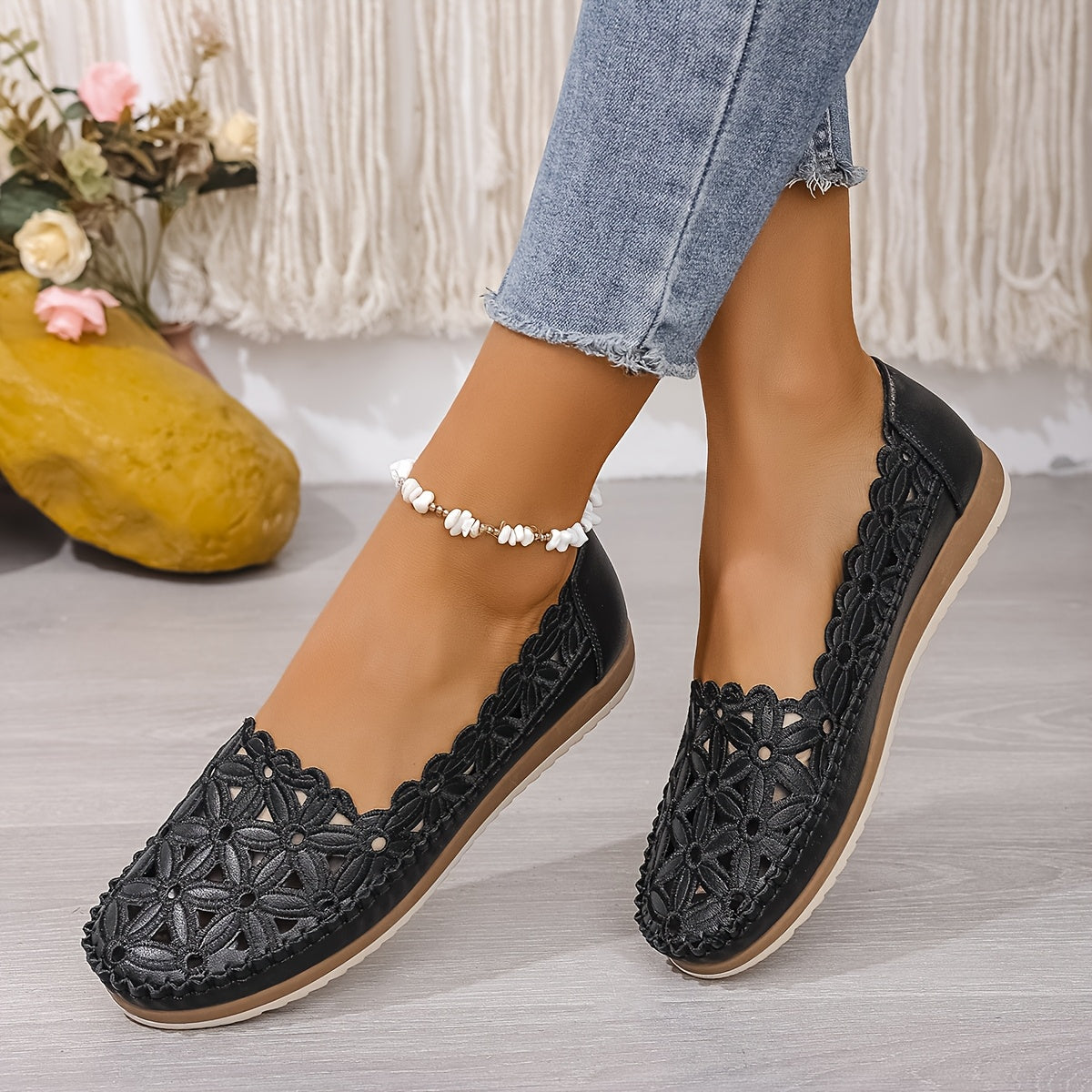 Zapatillas ballet slip-on con bordado floral para mujer con orificios transpirables