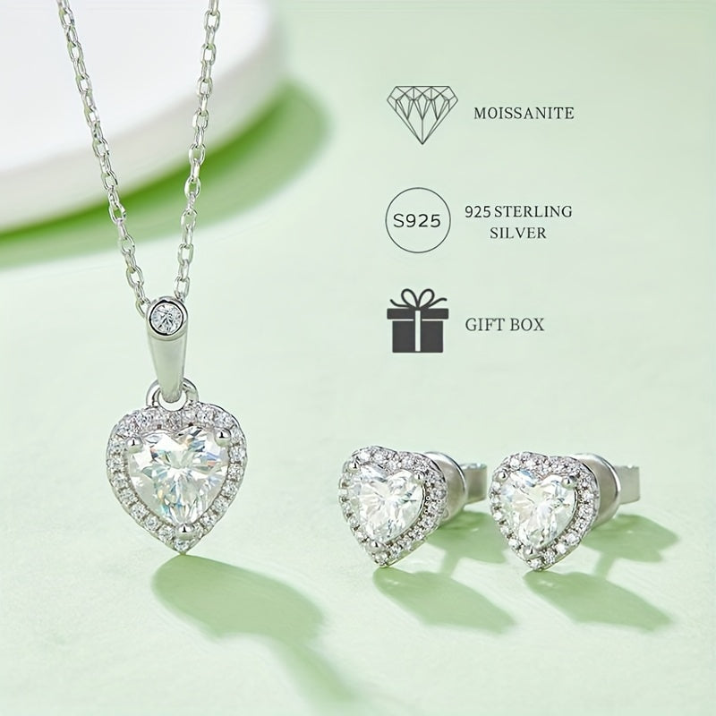 Conjunto de pendientes y colgante de moissanita en forma de corazón, joyería plateada para San Valentín, aniversario de bodas