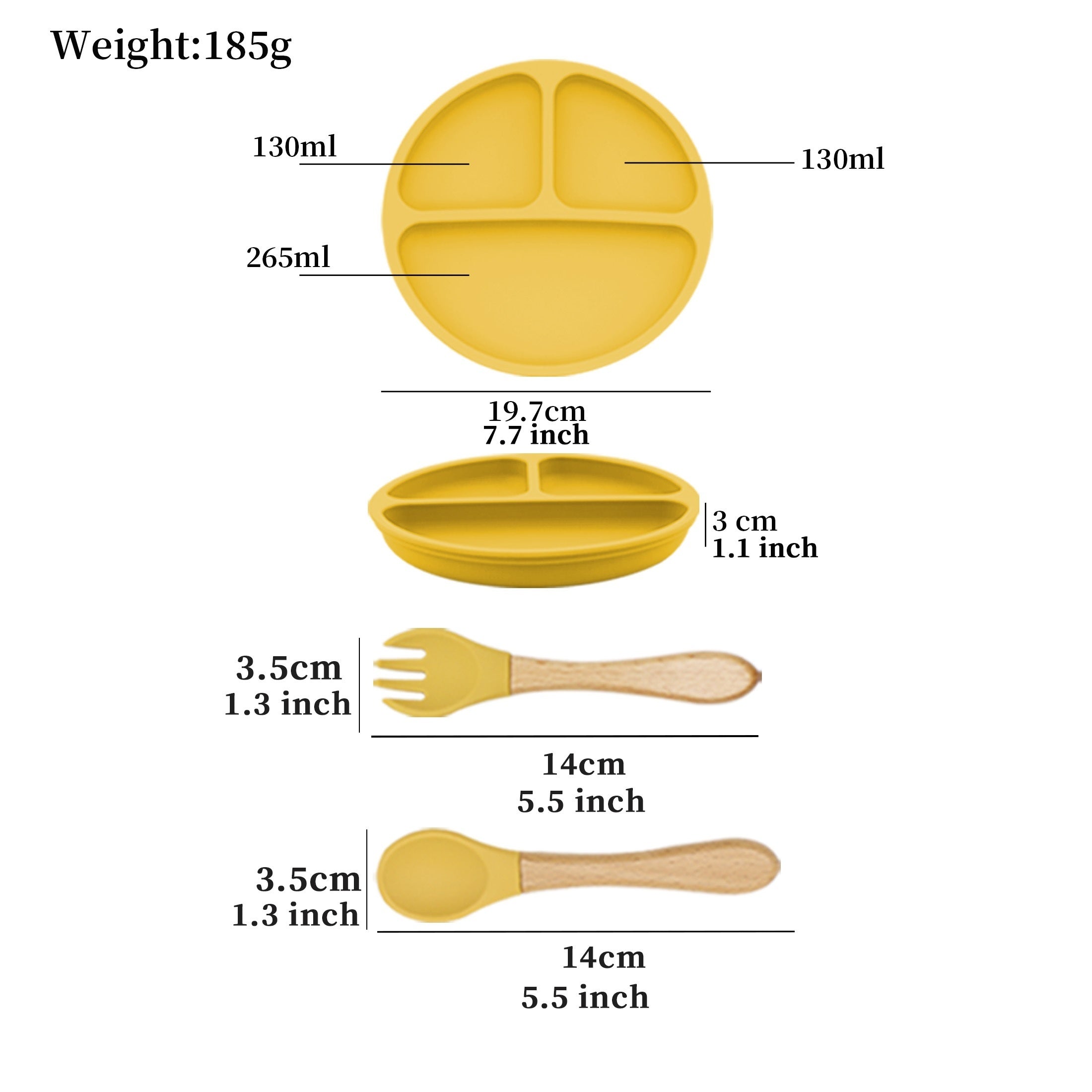 Baby Feeding Set 3-Piece Silicone Divided Plate with Suction Wooden Spoon Fork Red