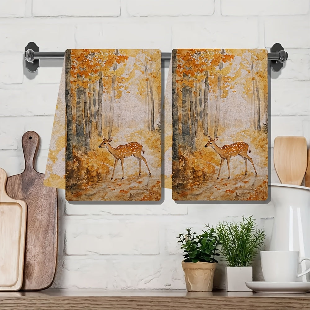 Set of 2 Soft Kitchen Towels with Forest and Deer Scene, Absorbent, 16x24 Inches
