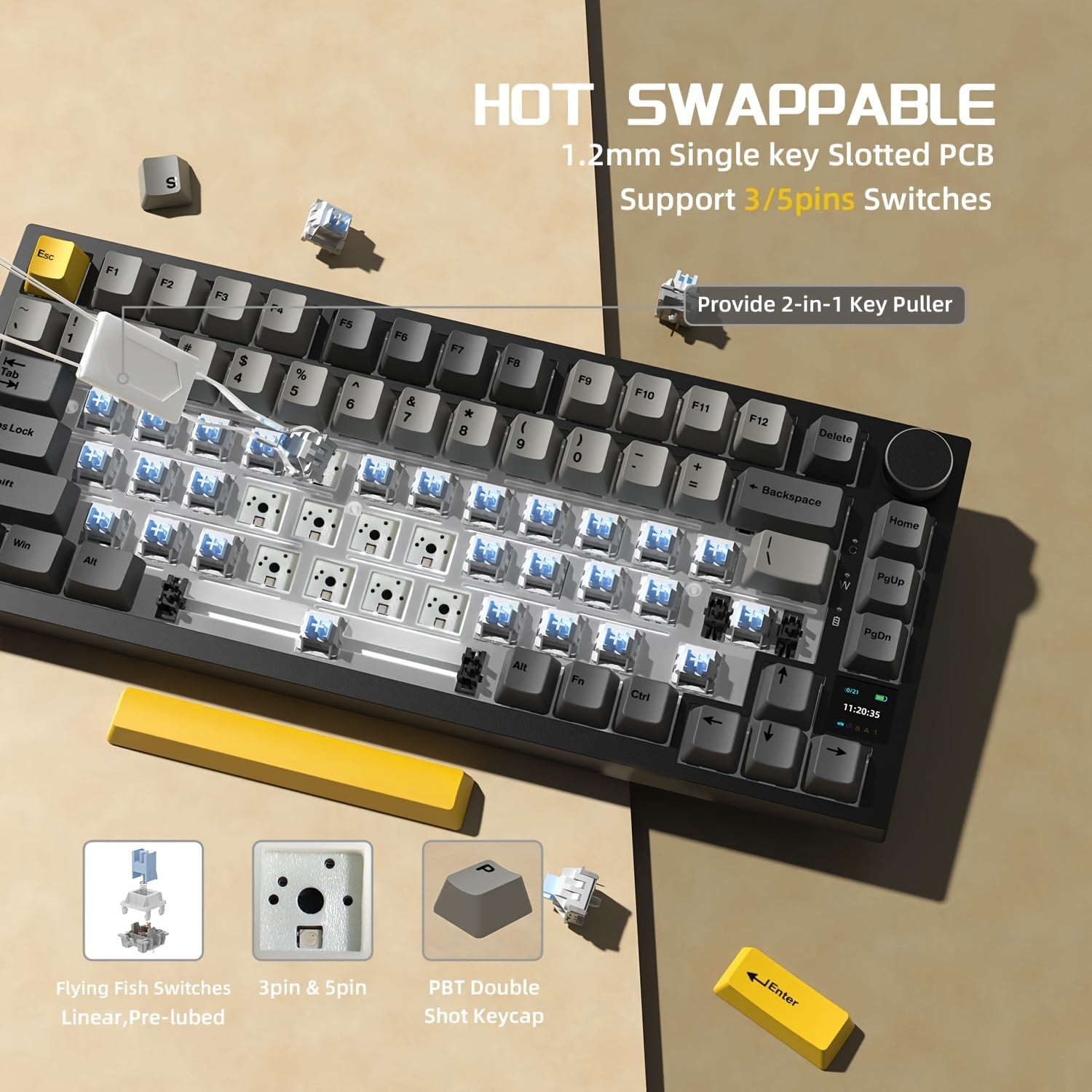 75% Hot-Swappable Mechanical Keyboard with TFT Display RGB Backlit Gasket Gateron Switches