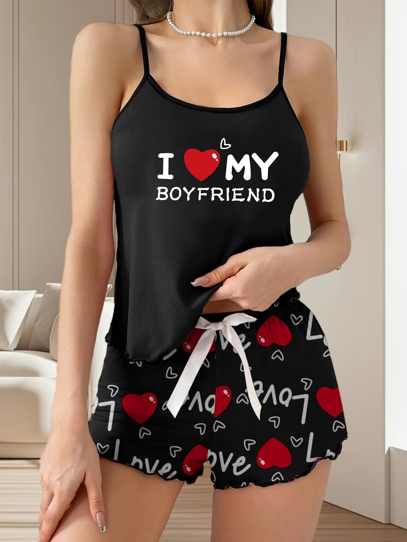 Women's Valentine's Day Black Heart Print Pajama Set with T-Shirt and Shorts Polyester Blend