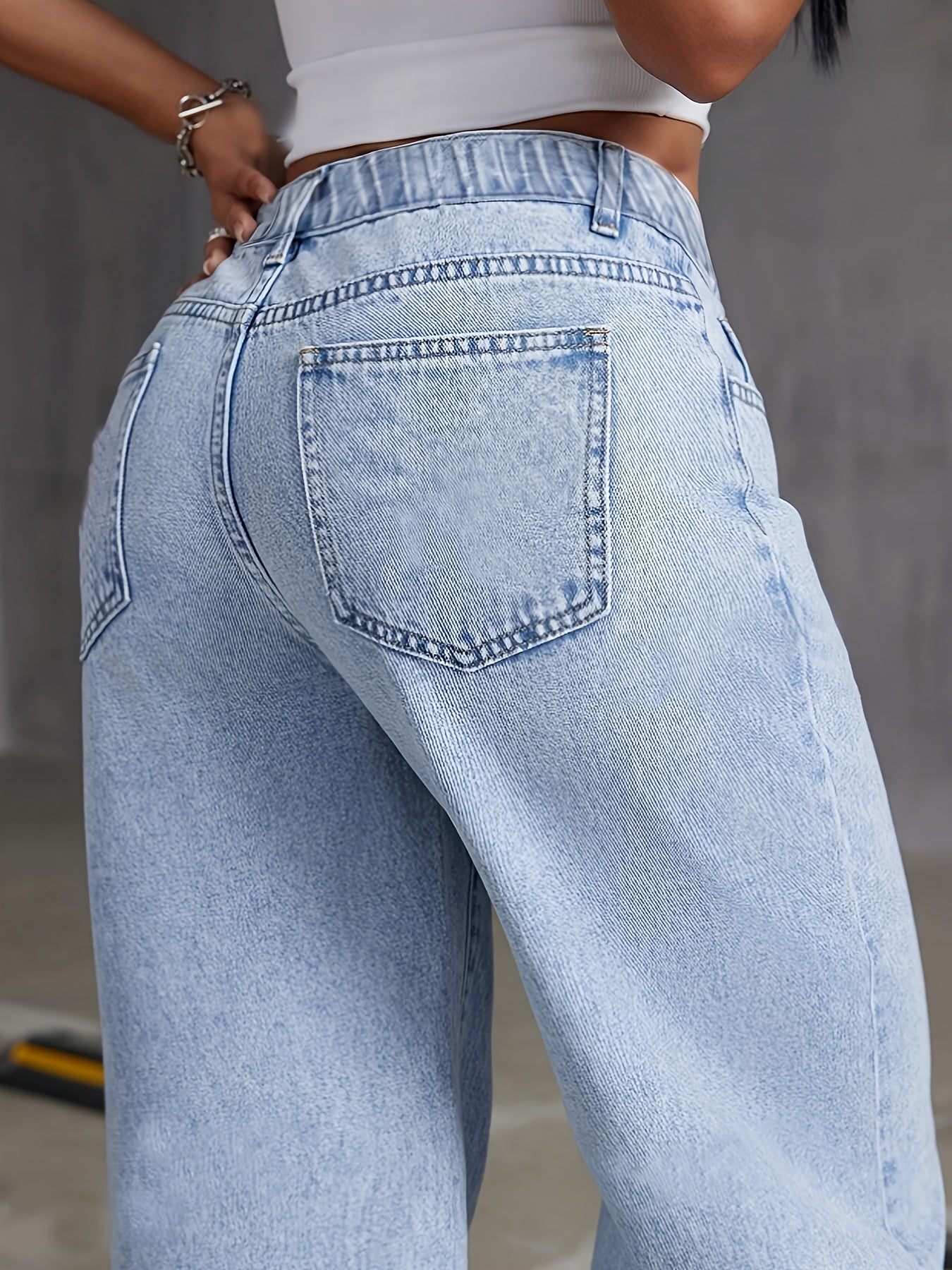 Women's High-Waisted Wide Leg Denim Jeans Solid Color Button Detail All-Season Casual