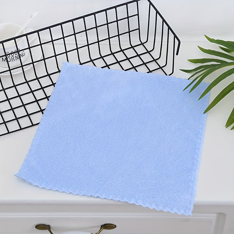 Set of 4 Coral Fleece Square Towels with Lace Trim, Soft Absorbent Kitchen Cloths