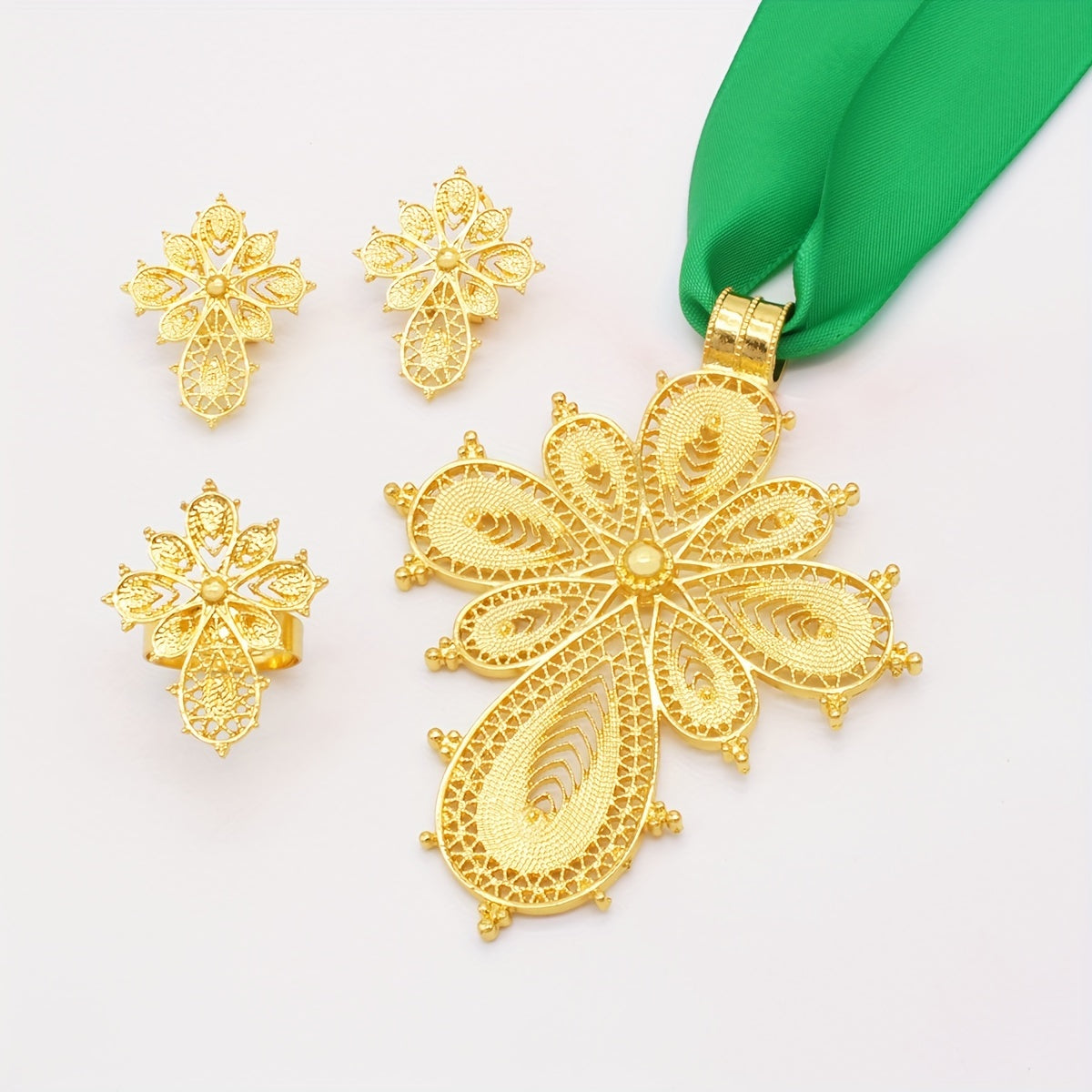 Gold Plated Jewelry Set with Earrings Necklace and Ring for Evening Parties