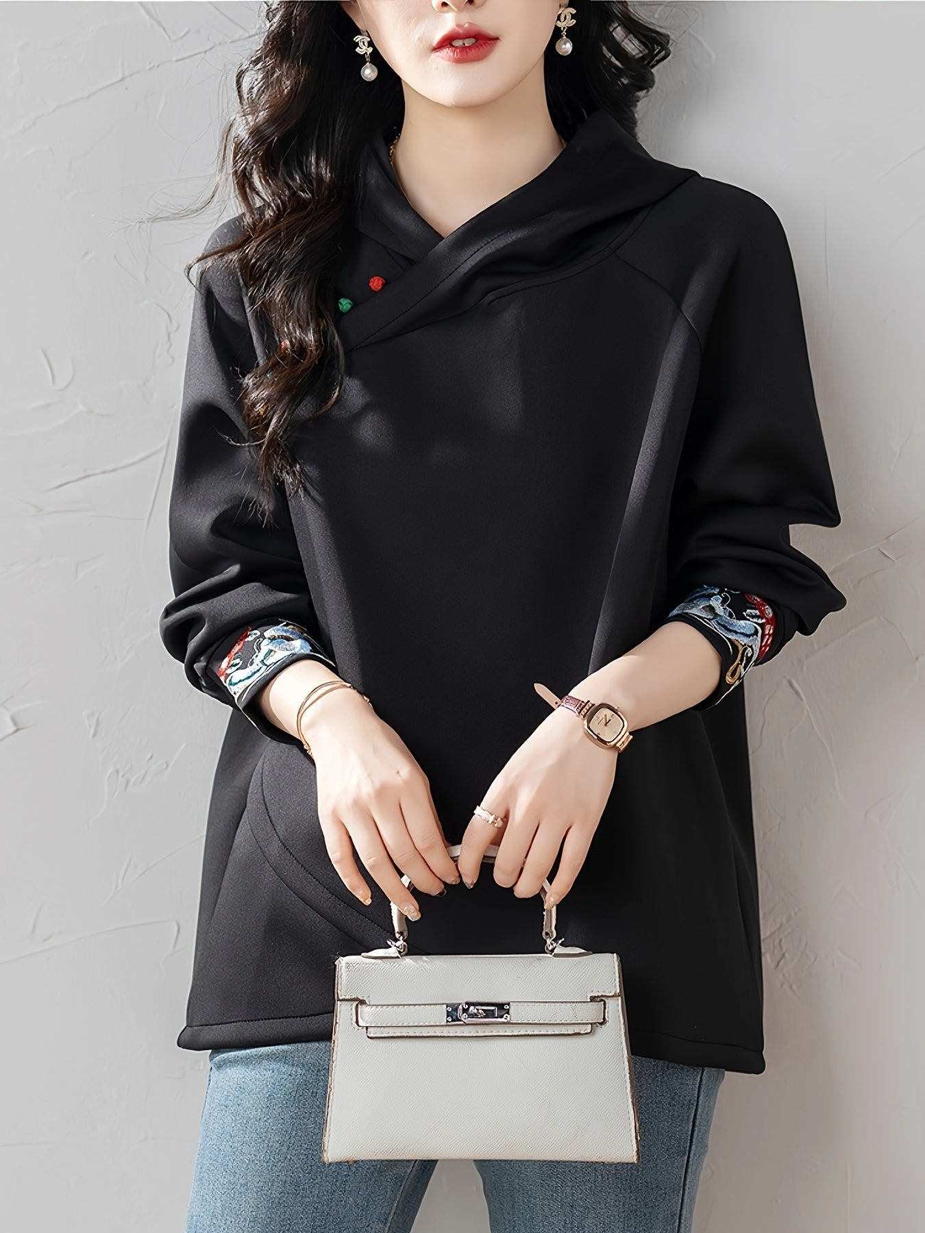 Women's Black Hoodie with Colorful Embroidery Loose Fit Pullover