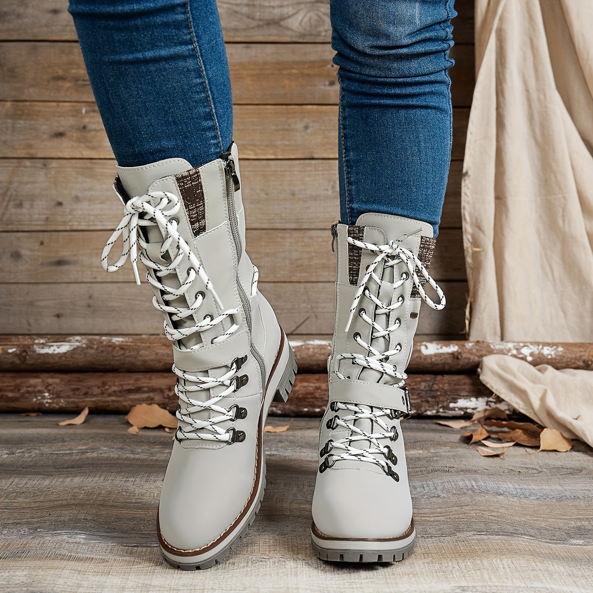 Women's Faux Leather Mid-Calf Boots Casual Lace-Up Round Toe Chunky Heel