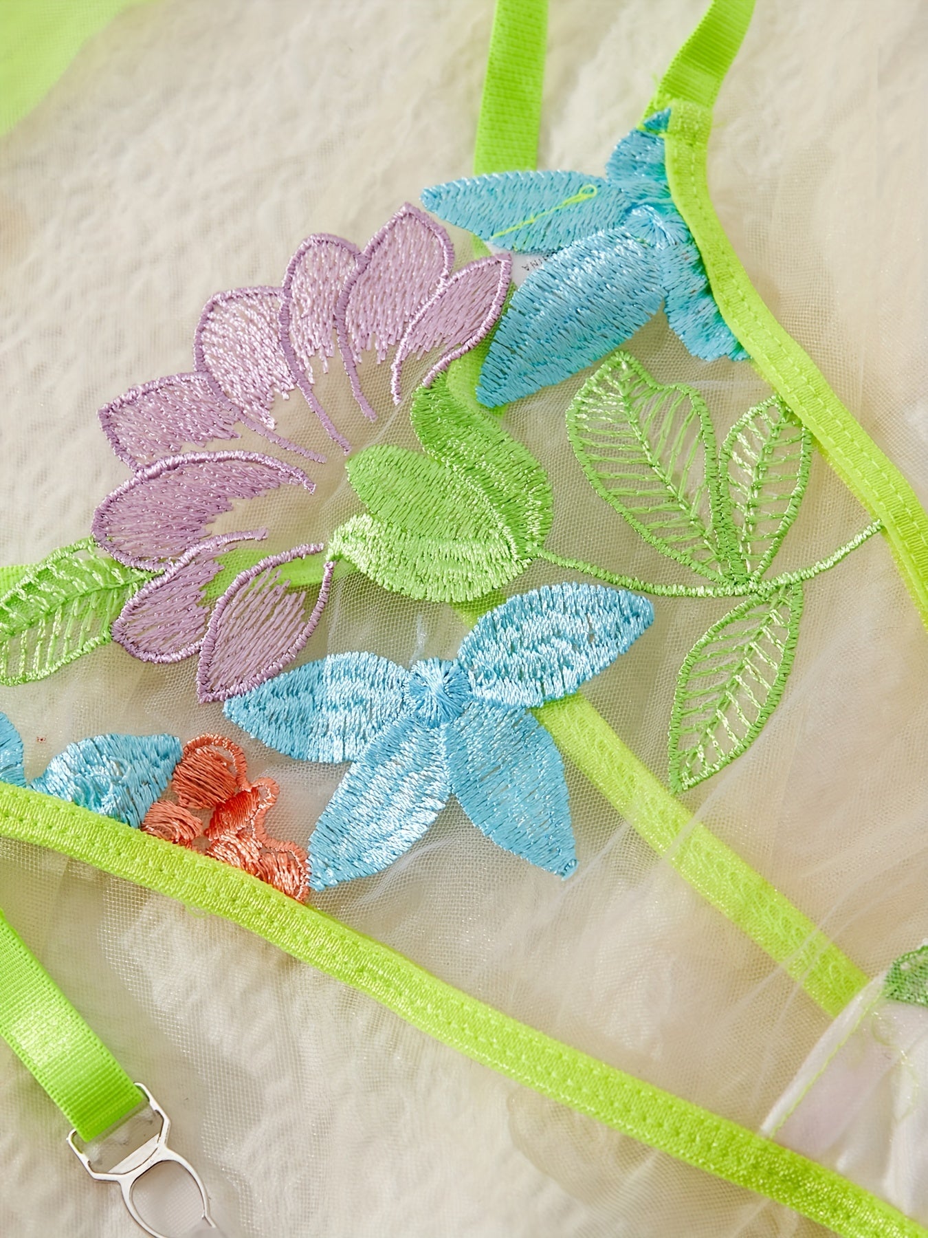 Women's Floral Embroidery Lingerie Set with Garter Belts and Thong