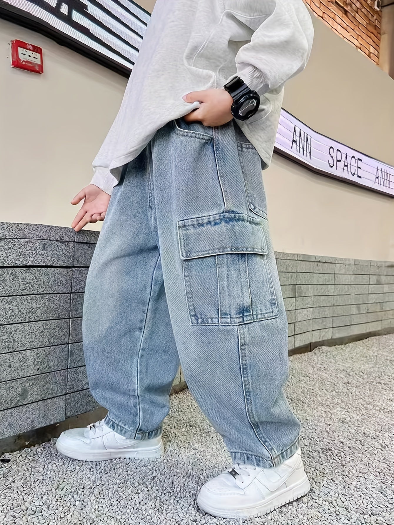 Boys' Denim Cargo Pants with Pockets Elastic Waist Loose Fit Casual Kids' Long Length