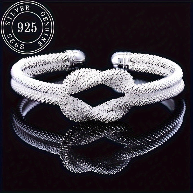 Unisex Silver S925 Braided Mesh Open Hand Ring Bracelet for Men and Women
