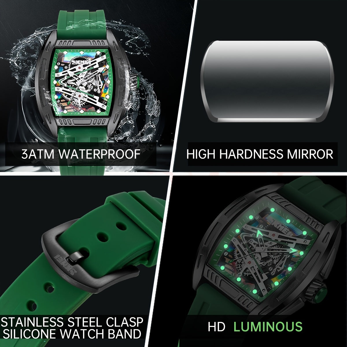 Reloj de cuarzo para hombre con esfera hueca, caja en forma de barril, resistente al agua, correa de silicona y luz nocturna