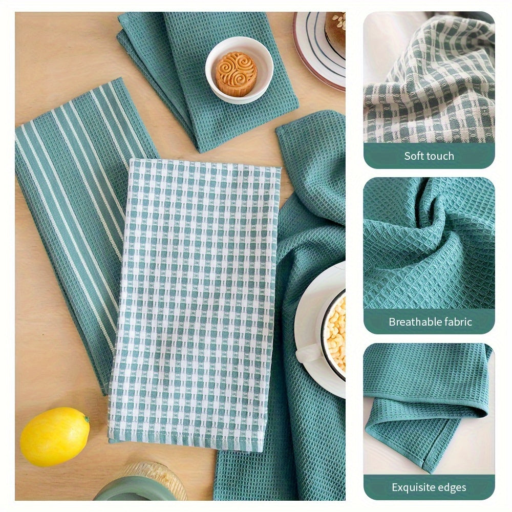 Set of 3 Large Kitchen Towels in Green Plaid and Striped Waffle Weave 45x65 cm