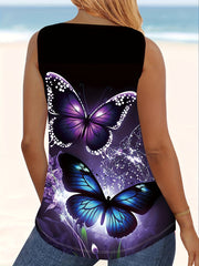 Plus Size Butterfly Print Tank Top Sleeveless Cotton Blend Summer