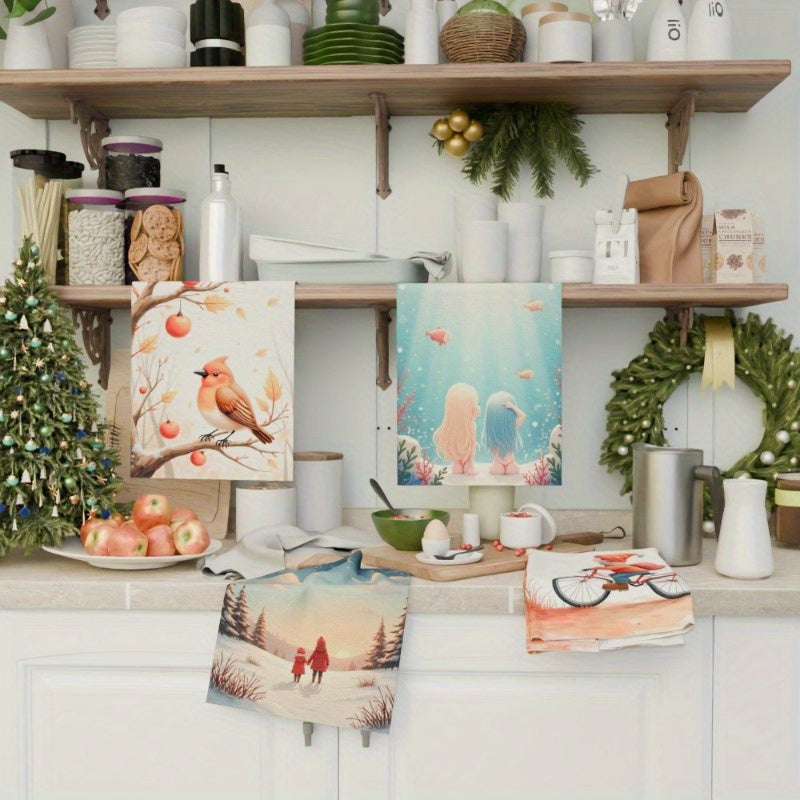 Set of 4 Kitchen Towels 18x66cm Tea Towels Soft Material Winter Kitchen Decor