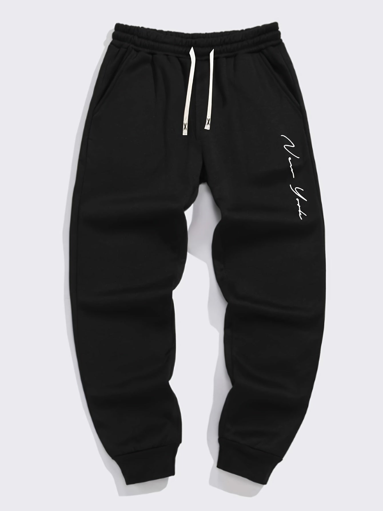 Men's Plus Size Fleece-Lined Casual Joggers with English Print Drawstring Fall Winter