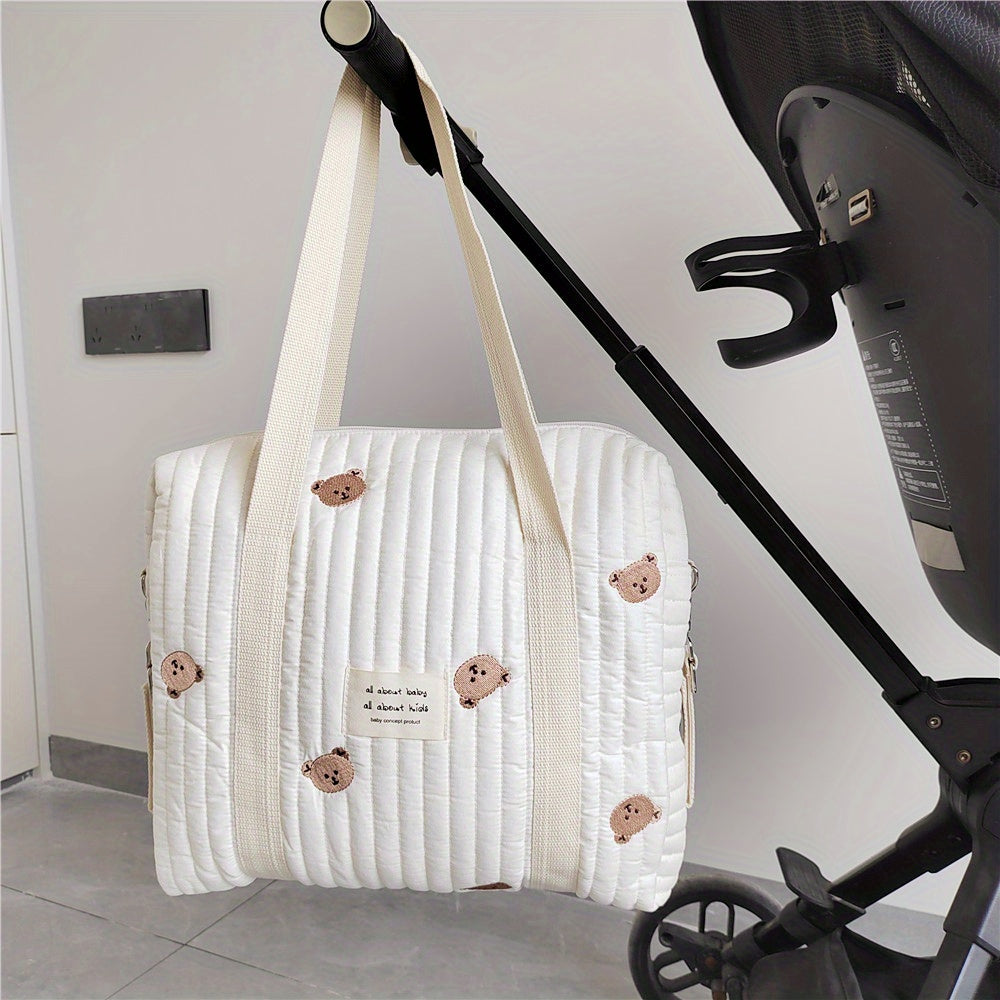 Embroidered Cotton Diaper Bag with Trolley and Hanging Features for Moms 36x30x12cm