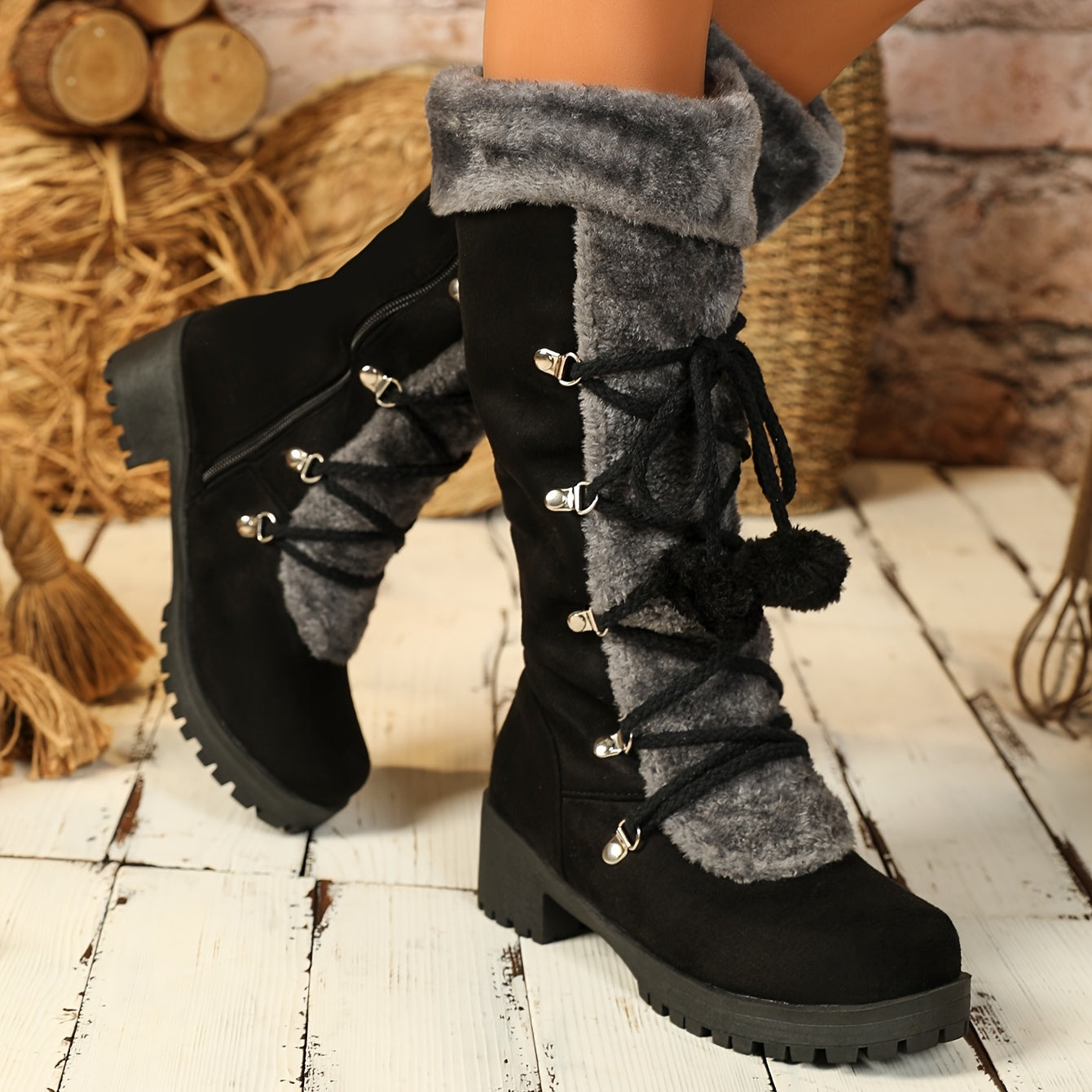 Women's Winter Faux Fur-Lined Mid-Calf Snow Boots with Chunky Heel