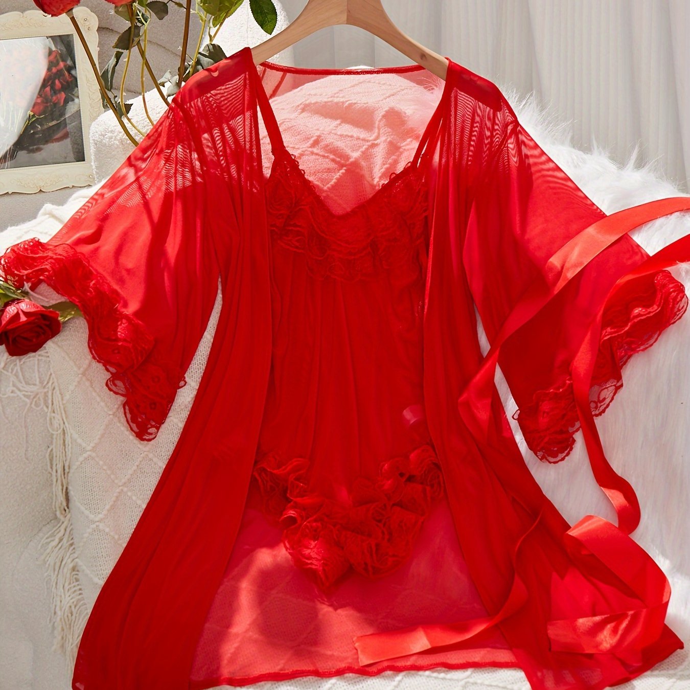 Women's Lace Lingerie Set with V-Neck Bodysuit and Robe