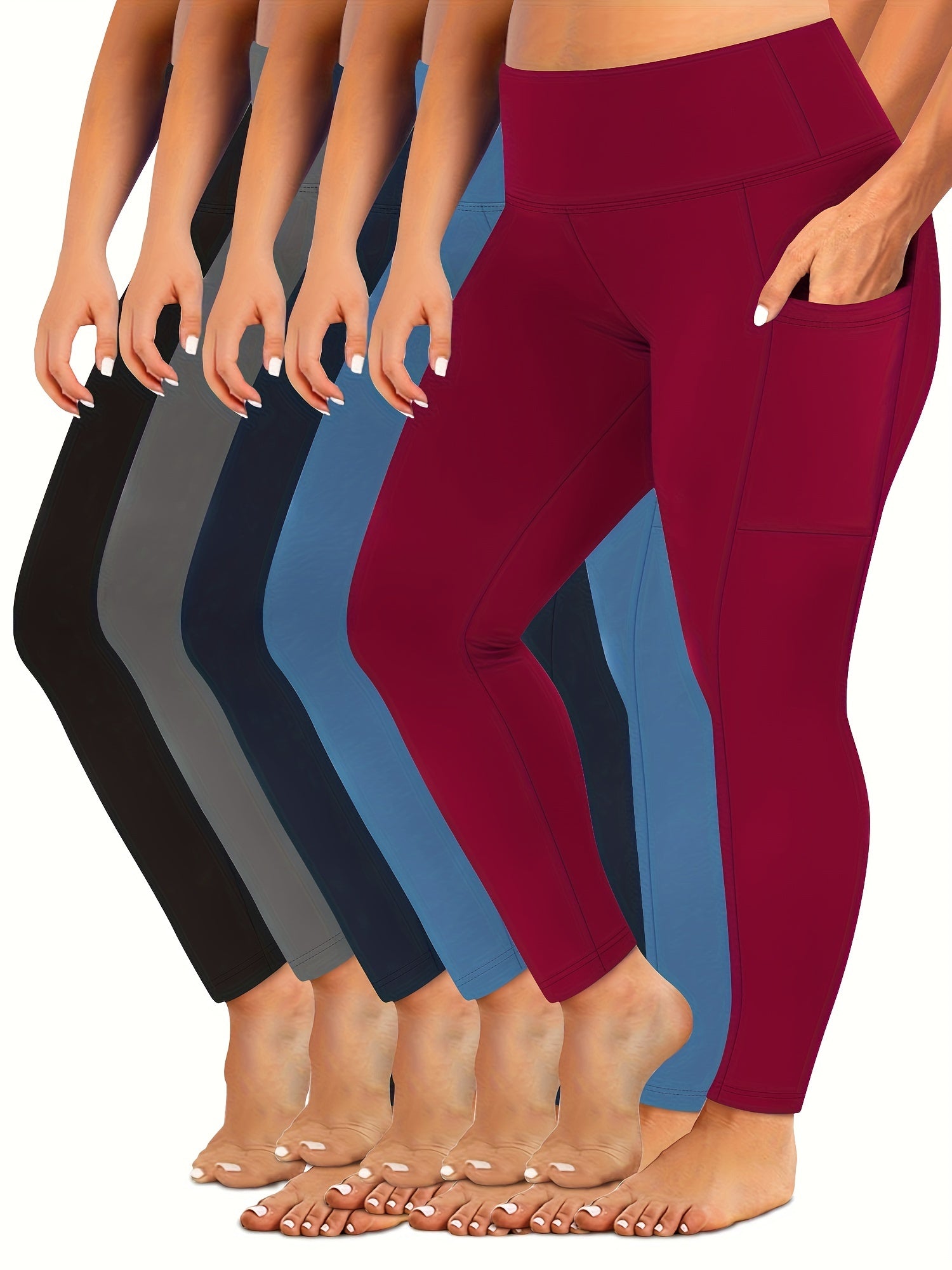 Plus Size Women High-Waisted Leggings Set With Side Pockets 5 Pack
