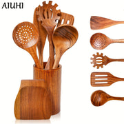Set of 7 Wooden Kitchen Utensils with Holder Heat-Resistant Cooking Tools
