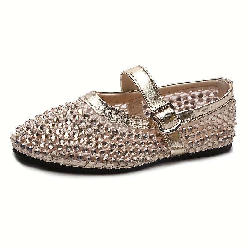 Women's Woven Lace Fishnet Flat Mary Jane Shoes with Rhinestones