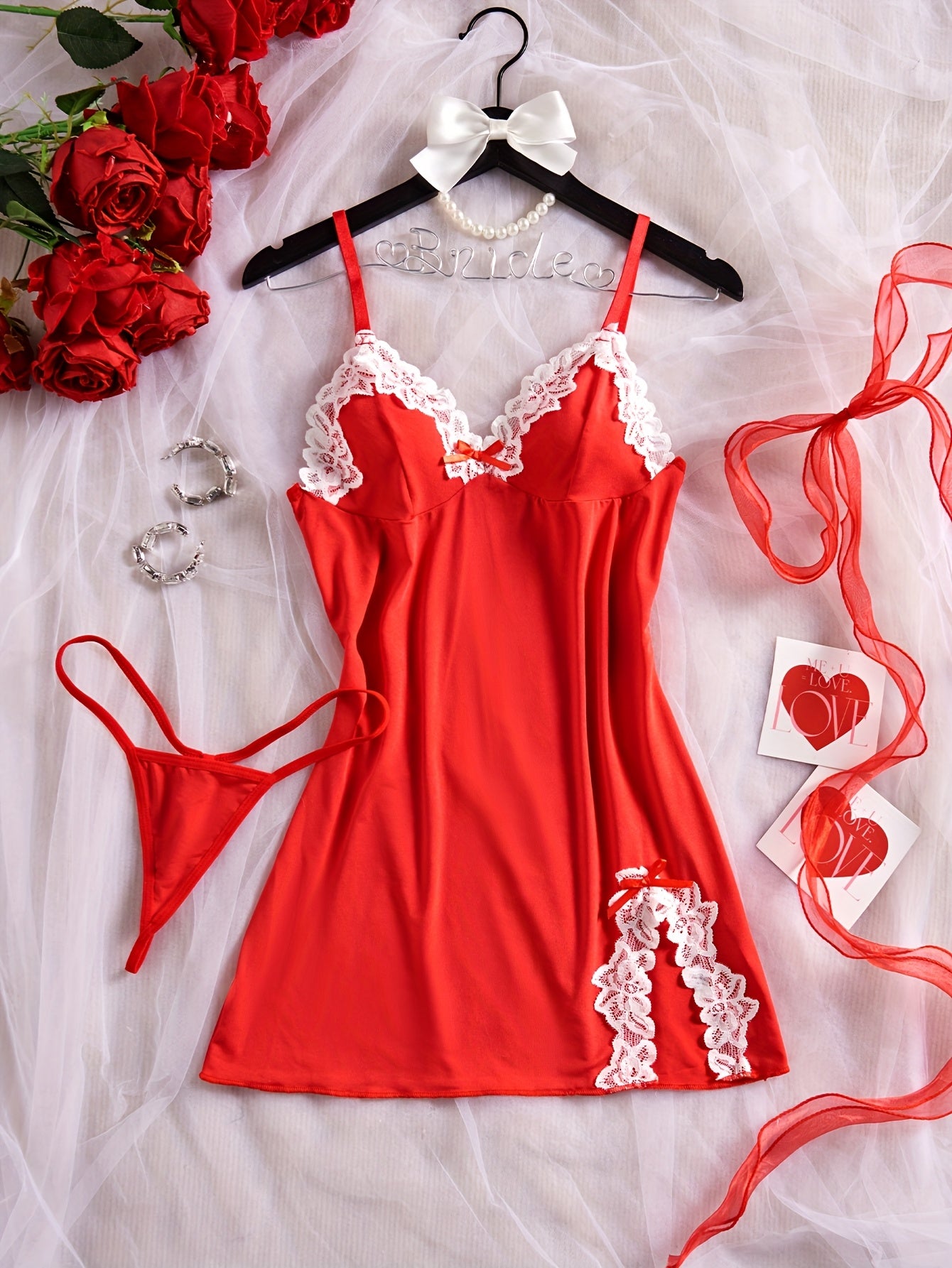Women's Lace Deep V-Neck Lingerie Set with Bow and Tight Fit